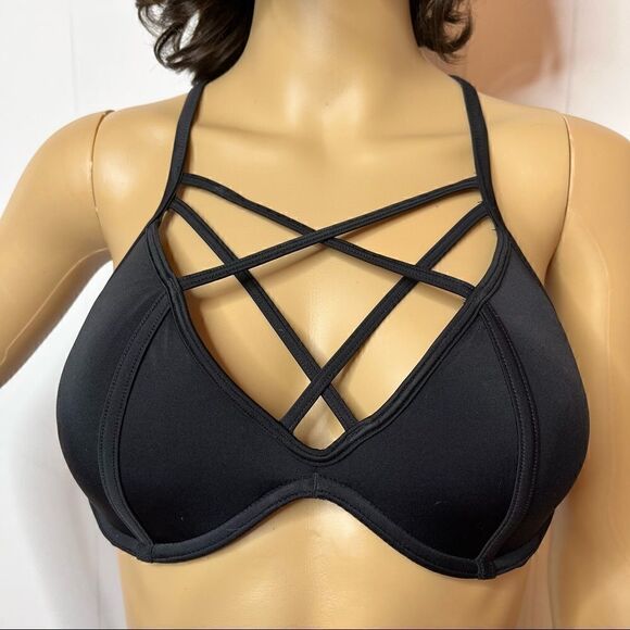 Strappy Bikini Top PINK Victorias Secret Caged T Back Strap Black Size Small - Picture 1 of 6
